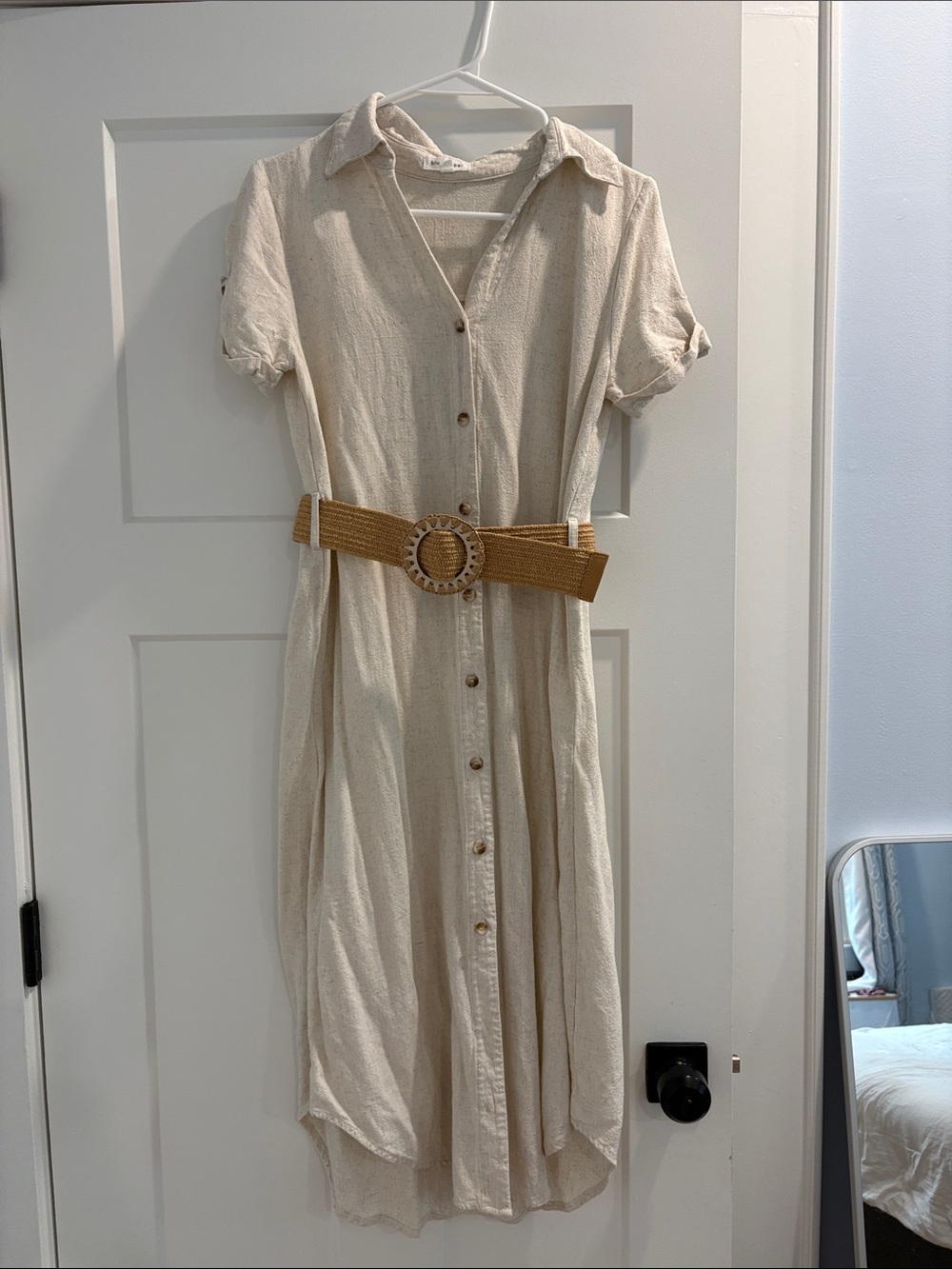 Blu Pepper Cream Button-Front Midi Shirt Dress with Tan Belt